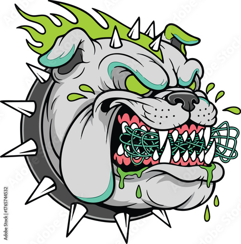Aggressive bulldog with green flames and chain in mouth