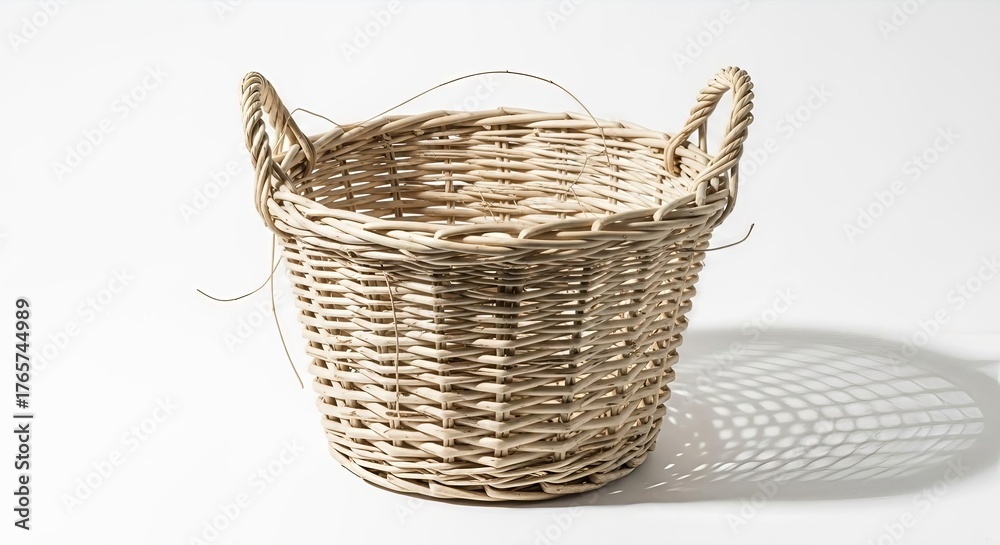 Obraz premium Handwoven wicker basket featuring a rustic texture against a bright white background