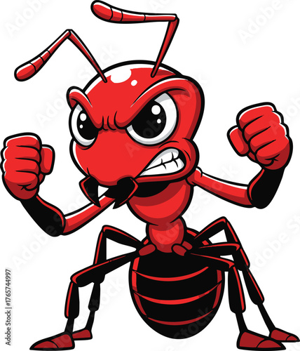 Angry red cartoon ant with boxing gloves, vector illustration