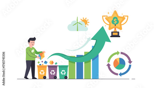 Vivid vector illustration showcasing business growth and sustainability, featuring a person recycling, a rising bar graph with an upward arrow, a wind turbine under a sunny cloud, a trophy with a