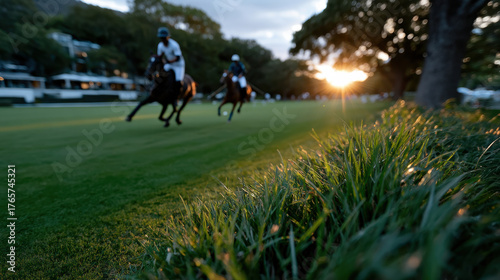 An exhilarating scene captures two polo players racing their horses at sunset, showcasing the thrill of the sport and the beauty of the surroundings in perfect harmony.