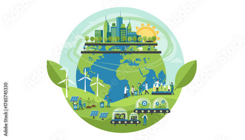 Vivid flat illustration depicting a sustainable future with little people preparing for environmental preservation, showcasing renewable energy sources like solar panels and wind turbines, alongside