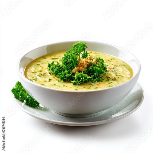 Bowl of creamy vegetable soup with fresh parsley garnish isolated on white background