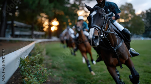 Polo players intensely compete in a thrilling race, fully engaged in the moment, depicting an adrenaline-filled day on the pristine field during the golden hour.