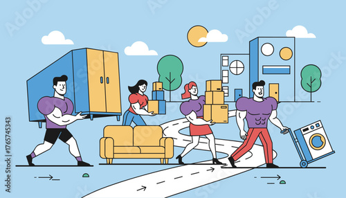 Vivid flat illustration of hypertrophied cartoon characters actively engaged in moving day activities, carrying furniture and boxes, pushing a washing machine on a dolly, with stylized buildings and