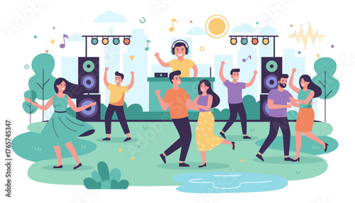 Vibrant vector illustration of a diverse group of people joyfully dancing and celebrating at an outdoor music festival or party, with a DJ, speakers, and city skyline in the background, conveying a