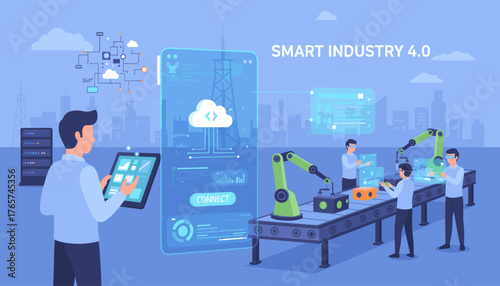 Vector illustration of a smart industry 4.0 production line with robotic arms and workers using tablets and augmented reality interfaces, showcasing automation, connectivity, and advanced technology