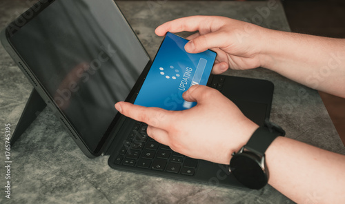 Woman updating smartphone software. Upgrade system interface on phone screen. Update progress bar for system upgrade.