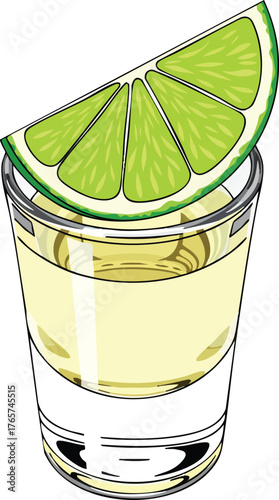 Shot of tequila with lime, vintage style drawing, single glass