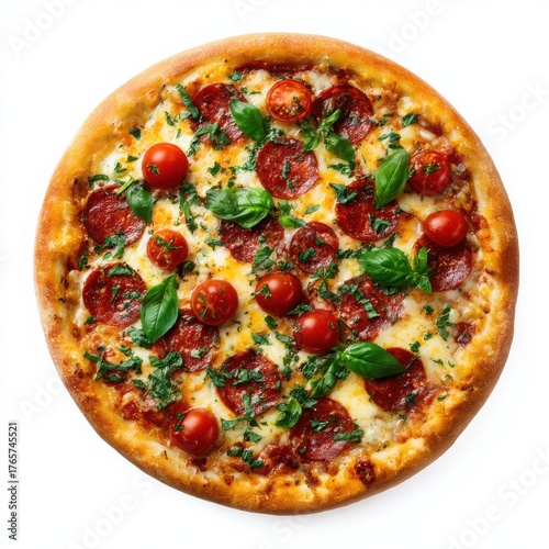 Delicious pepperoni and cherry tomato pizza isolated on white background