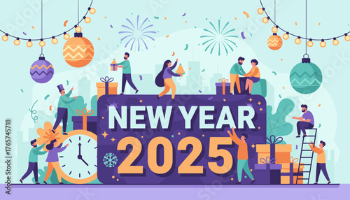 Vibrant illustration of diverse people joyfully celebrating and preparing for the New Year 2025 with fireworks, gifts, and festive decorations, symbolizing hope and new beginnings in a modern city