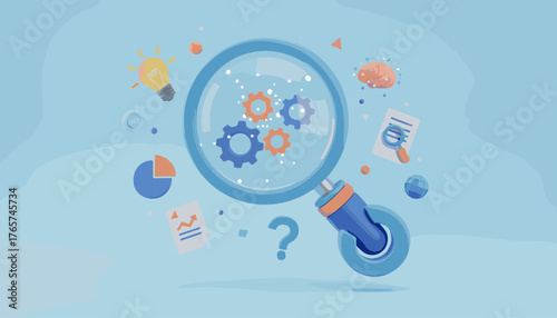 Conceptual 3D illustration of a magnifying glass revealing gears, symbolizing analysis, problem-solving, and business strategy, surrounded by icons of a lightbulb for ideas, a brain for intelligence