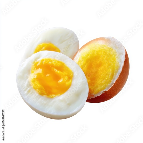 Three hard boiled eggs one cut in half isolated on white background