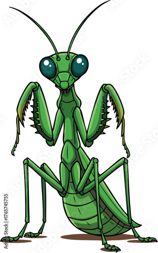 Green praying mantis insect in a cartoon style design