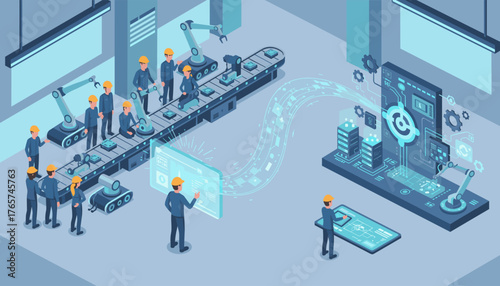 Isometric view of a futuristic factory production line featuring human workers collaborating with advanced robotic arms and automated systems, digital interfaces, and data streams, representing