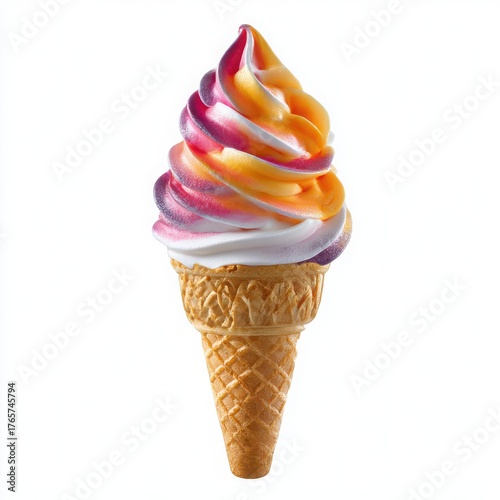 Colorful swirl soft serve ice cream cone isolated on white background