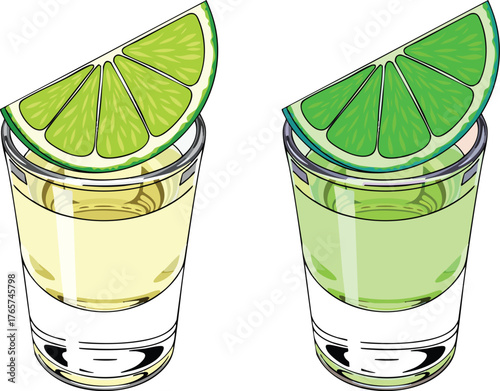 Two shots of tequila with lime, vintage style drawing, colorful