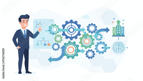 Business process management and workflow automation concept with a businessman pointing at a flowchart and gears, symbolizing efficiency and progress towards company growth and artificial