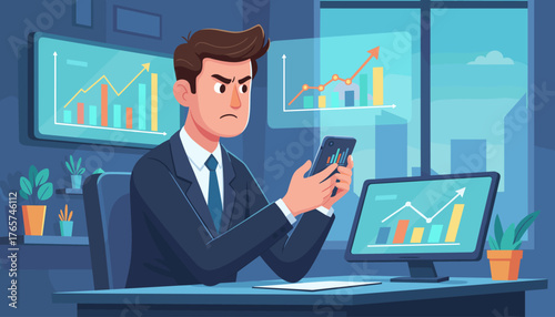 Frustrated businessman in a suit analyzing stock market data on his smartphone, with charts and graphs displayed on multiple screens in a modern office setting, symbolizing financial stress and