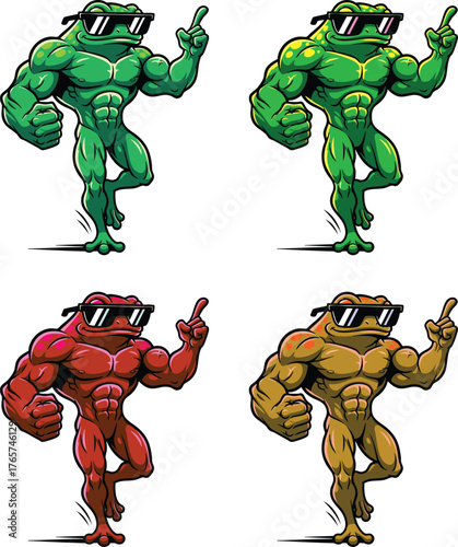 Four muscular frog characters in different colors, showing middle finger