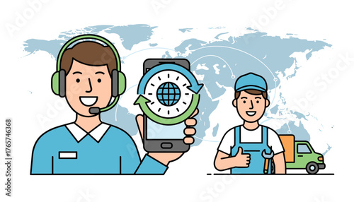 Vibrant illustration of a friendly call center agent with a headset and a technician giving a thumbs up, symbolizing global 24/7 support and efficient service delivery, set against a world map