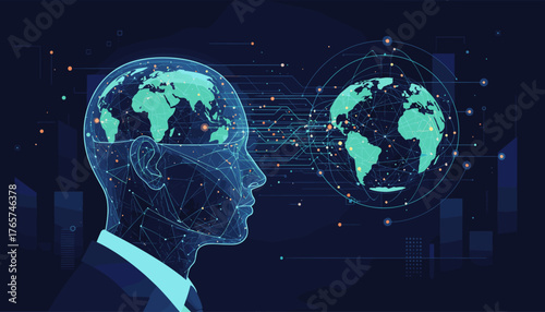 Abstract digital illustration of a businessman's head profile, visualizing a glowing global network of connections and data streams, symbolizing artificial intelligence, technology, and international