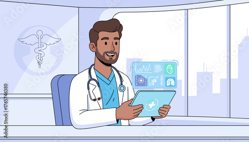 Smiling male cardiologist with stethoscope around neck, analyzing patient's medical data on a futuristic digital tablet with holographic displays showing heart and lung scans, in a modern clinic with