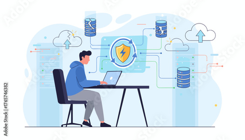 Disaster Recovery Concept: IT System Protection with Cloud Backup and Database Security, Illustrating Data Protection and Network Security Measures for Business Continuity and Cybersecurity