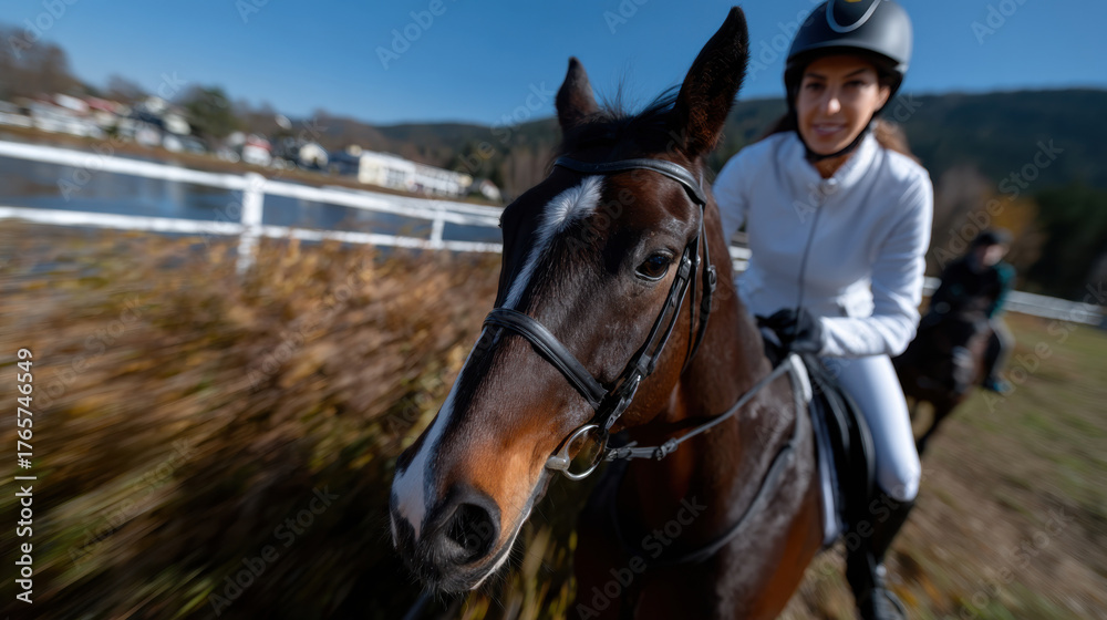 Obraz premium An energetic moment capturing a young rider on a horse galloping through a scenic landscape, showcasing the thrill and excitement of horseback riding.