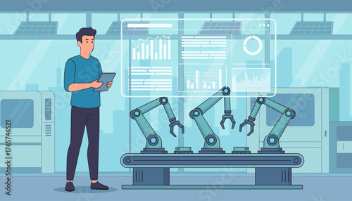 A male engineer manager in a blue shirt and dark pants stands in a modern factory, holding a tablet and overseeing robotic arms on an assembly line, with data visualizations displayed on a futuristic
