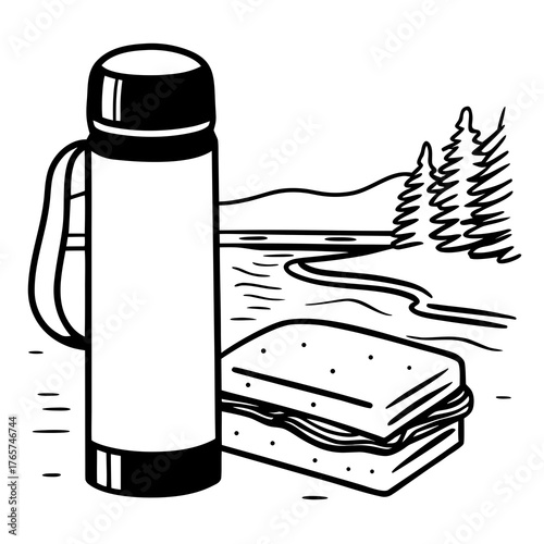 Thermos and sandwich near lakeside with trees in the background  