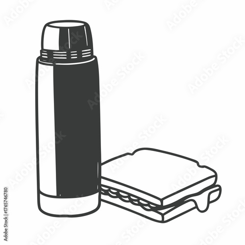 Thermos bottle next to sandwich on white background  