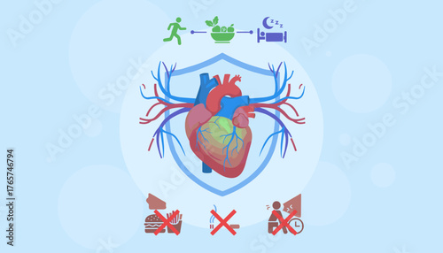 Vibrant illustration of a healthy heart protected by a shield, surrounded by icons representing healthy lifestyle choices like exercise, balanced nutrition, and adequate sleep, contrasted with
