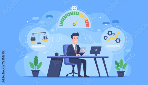 A smiling businessman sits at his desk in a modern office, working on a tablet and computer, surrounded by icons representing work-life balance, performance metrics, and growth, symbolizing job