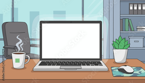 Modern office desk setup featuring a laptop with a blank white screen, a steaming cup of coffee, a computer mouse on a camouflage mat, a potted succulent plant, and a swivel chair in the background