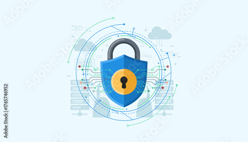 Digital security concept with a blue shield lock icon at the center, surrounded by interconnected circuits, servers, and cloud symbols, representing data protection and network safety in a modern
