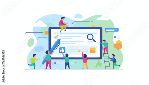 Modern concept illustration of tiny people collaborating to fill out a digital form on a large screen, featuring a giant pen, search icon, and like button, symbolizing teamwork and online data entry