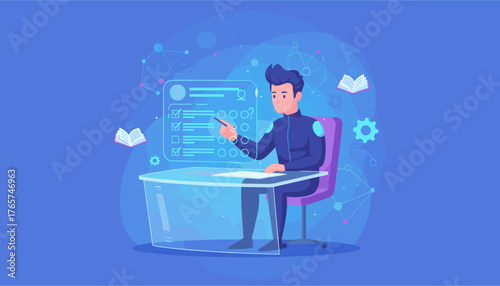 Young man in futuristic blue suit sitting at a transparent desk, interacting with a holographic survey form and checklist, representing online questionnaires, data collection, and digital technology