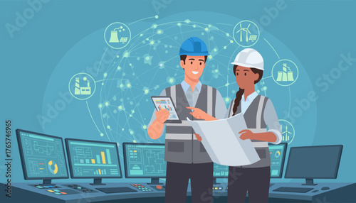 Male and female industrial engineers in hard hats and vests collaborating in a control room, reviewing blueprints and tablet data, with a global network and industry icons symbolizing smart