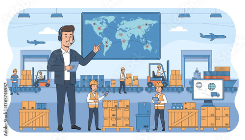 Dynamic warehouse scene with a manager overseeing operations, workers loading boxes onto a conveyor belt, a forklift moving cargo, and a world map displaying global logistics routes, illustrating