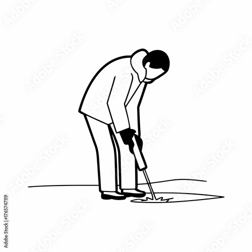 Man digging in ground with tool while wearing gloves in outdoor setting  