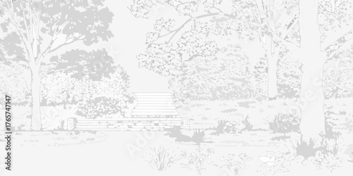 Serene park bench and stone steps surrounded by lush trees and foliage in a peaceful garden setting