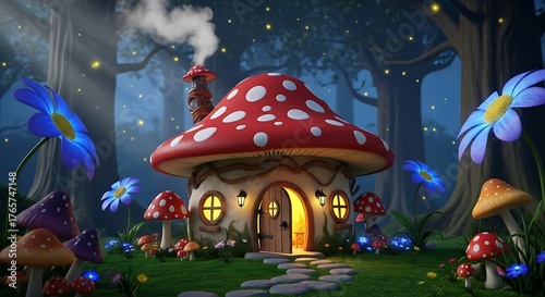 Whimsical Fairy Tale Mushroom House in Enchanted Forest with Colorful Flowers and Fireflies