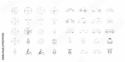 Collection of hand drawn transportation icons including bicycles cars and abstract circular designs