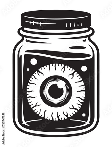 Eyeball in a jar vector illustration creepy Halloween decoration isolated on white background