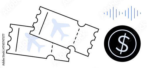 Two flight tickets with airplane icons, a dollar sign in a black circle, and sound waves. Ideal for travel, booking, payment, finance, technology e-commerce budgeting. Simple flat metaphor
