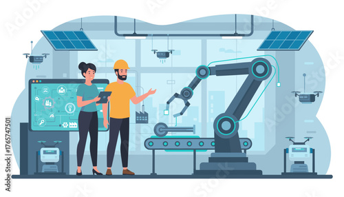 Technician and manager collaborating in a futuristic factory setting, overseeing a robotic arm on a conveyor belt, with drones and solar panels indicating advanced technology and sustainable industry
