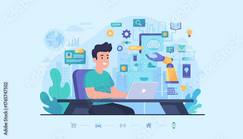 Modern technology concept: a smiling man uses a laptop to interact with an artificial intelligence system, visualized by a robotic arm and brain icon, surrounded by digital data, global network, and