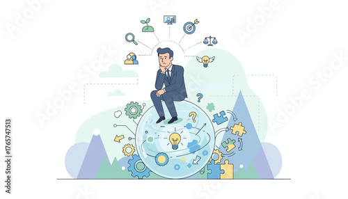 A pensive businessman in a suit sits atop a transparent sphere filled with gears, puzzles, and a glowing lightbulb, contemplating solutions amidst a backdrop of abstract mountains and business icons
