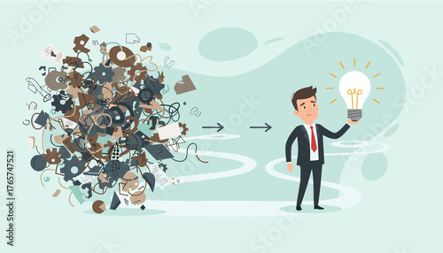 A businessman in a suit holding a glowing light bulb, symbolizing a brilliant idea or solution, emerging from a chaotic pile of gears and papers, representing the complex thought process and